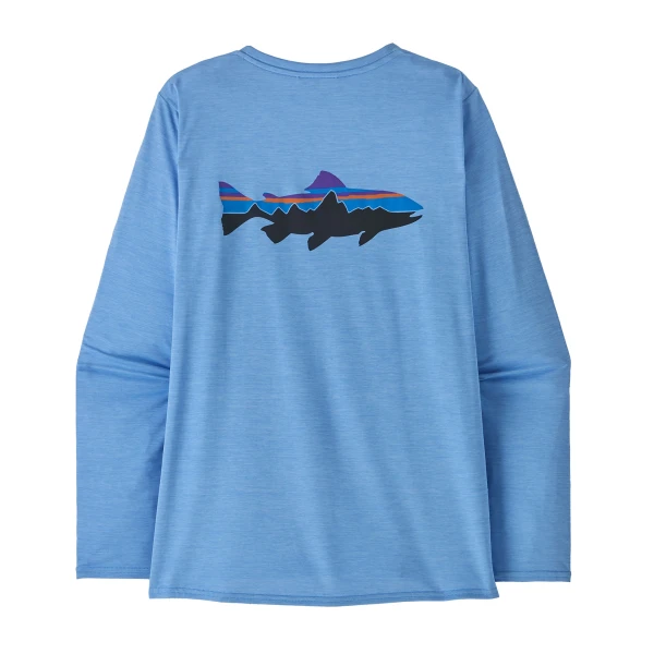 Women's Long-Sleeved Capilene Cool Daily Graphic Shirt, kolor: Fitz Roy Trout Abundant Blue-X-Dye