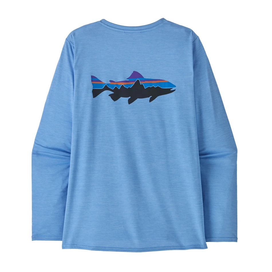 Women's Long-Sleeved Capilene Cool Daily Graphic Shirt, kolor: Fitz Roy Trout Abundant Blue-X-Dye
