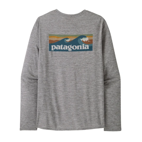 M's Long-Sleeved Capilene Cool Daily Graphic Shirt - Waters, kolor: BLAF - Boardshort Logo Abalone Blue Feather Grey