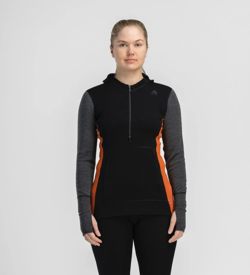 Aclima WarmWool Hoodsweater w/zip W, kolor: 424 - Jet Black/Marengo/Gold Flame