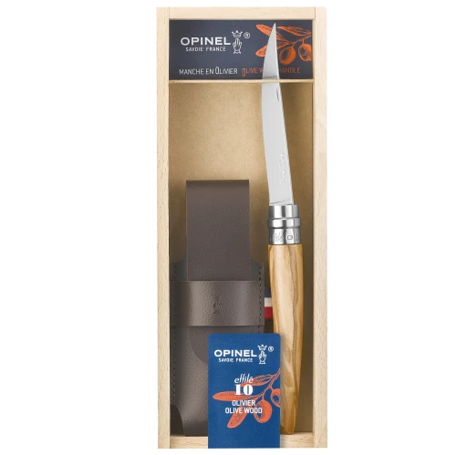 Opinel Slim Olive Box + Case - nóż z długim ostrzem i rękojeścią z drewna oliwnego - zestaw z etui