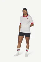 Devold Archive Ringer Tee, kolor: White/Chilli - prezentacja na modelce - przód