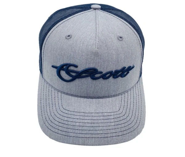 Navy Blue Mesh Hat w Grey Scott Script