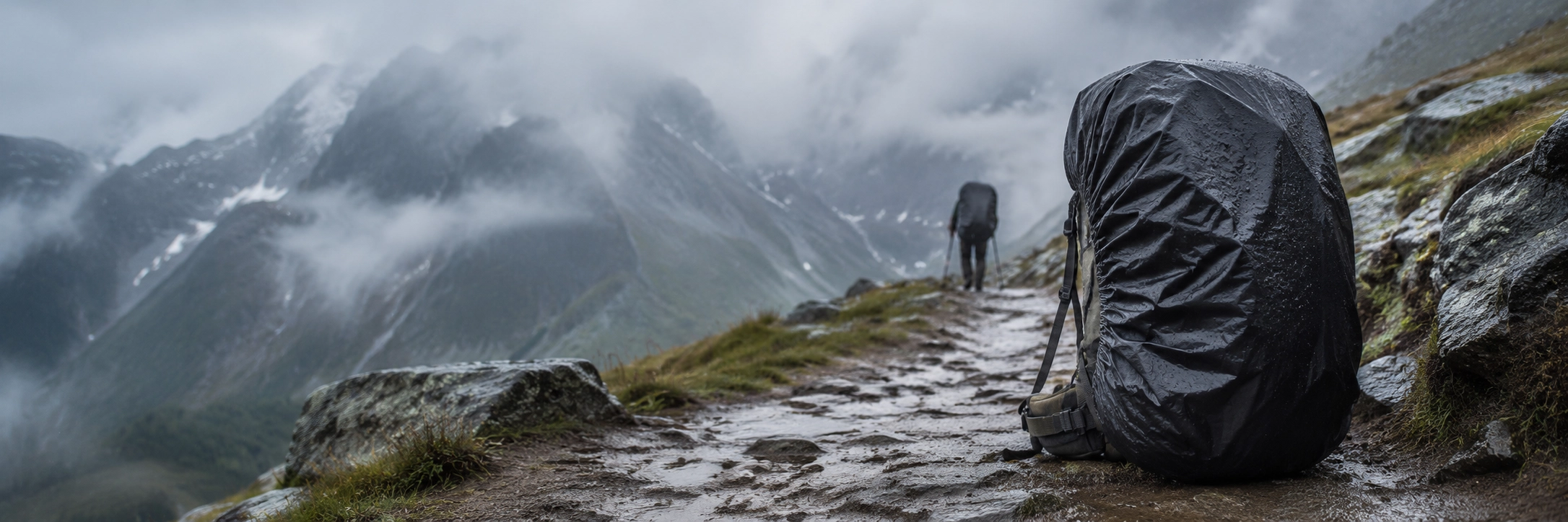 Plecak trekkingowy z pokrowcem przeciwdeszczowym na mokrym górskim szlaku