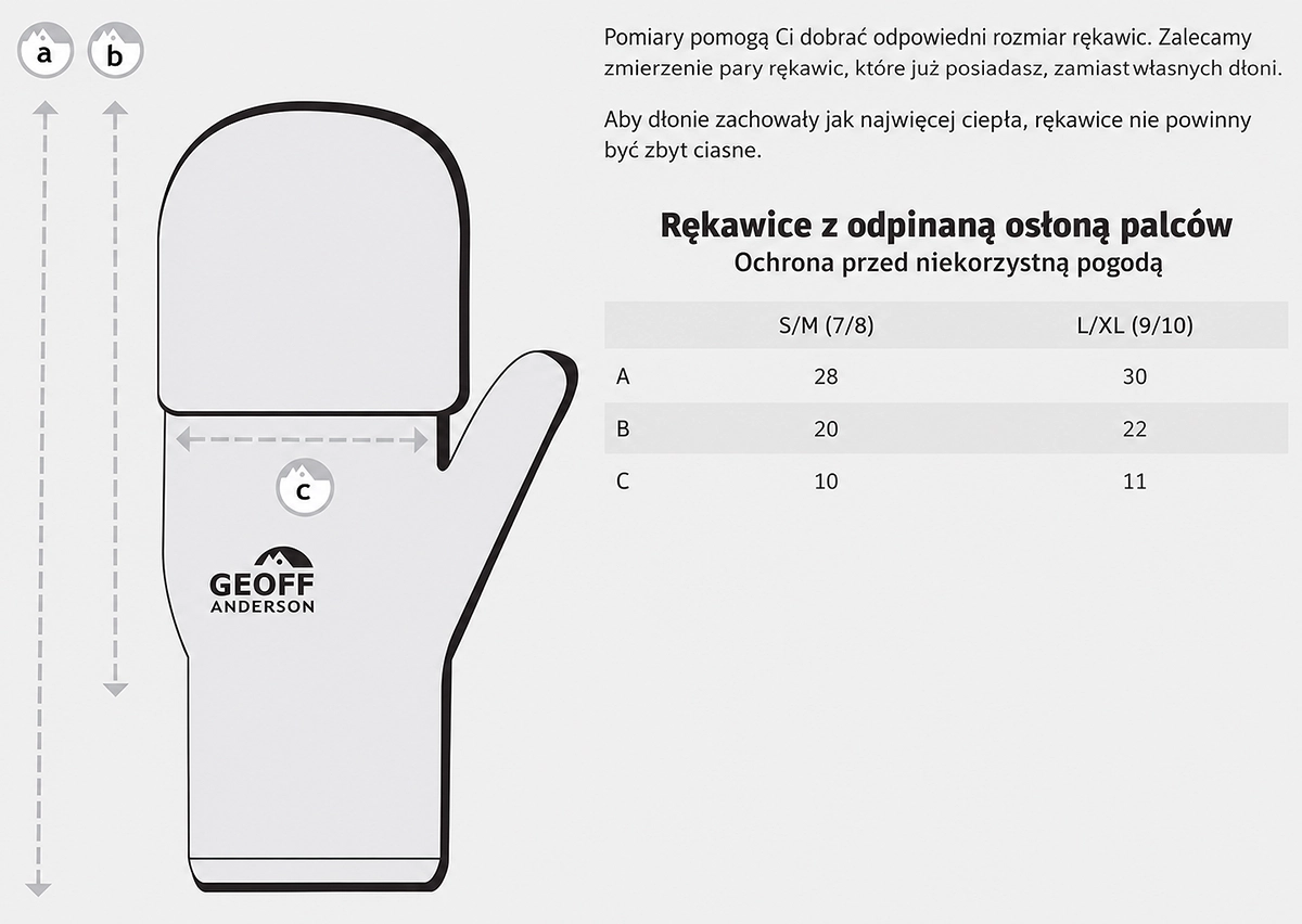 Tabela rozmiarów rękawic Geoff Anderson