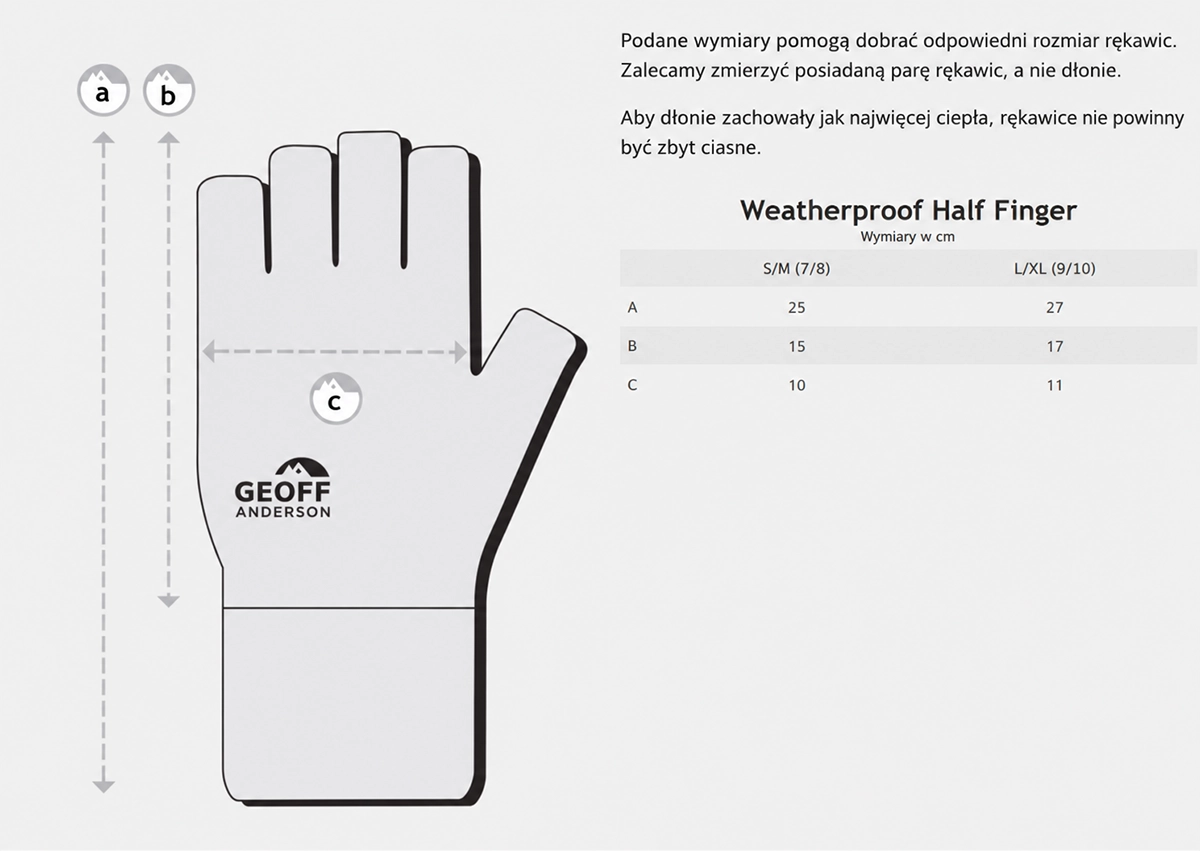Tabela rozmiarów Geoff Anderson Weatherproof Half Finger – schemat pomiaru i wymiary S/M oraz L/XL w centymetrach