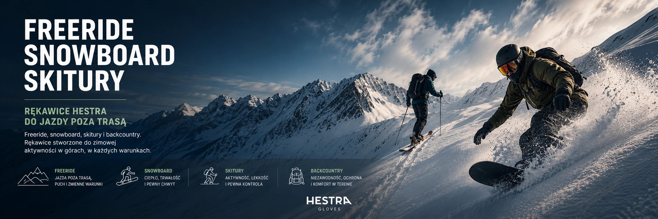 Baner kategorii Hestra Freeride / Snowboard / Skitury z narciarzem i snowboardzistą w zimowych górach