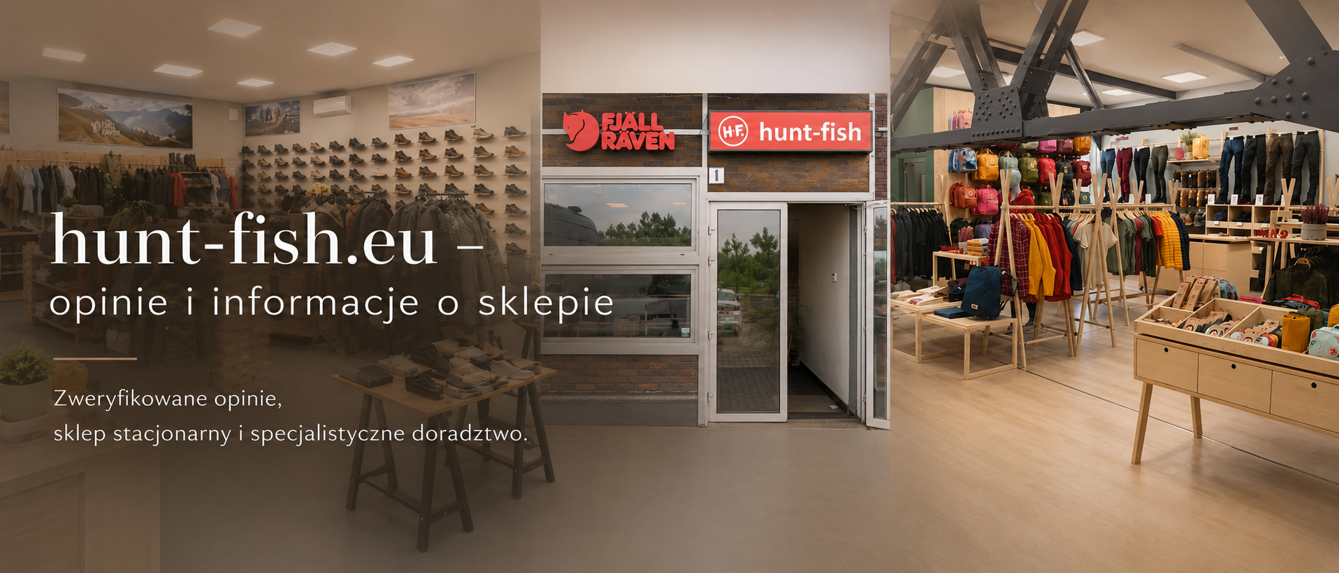 Sklep stacjonarny hunt-fish.eu w Szczecinie oraz wnętrze salonu h-f.pl z odzieżą, obuwiem i wyposażeniem outdoorowym
